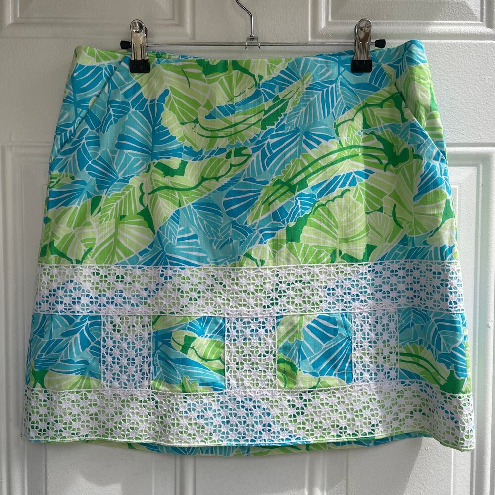 Lilly Pulitzer Tropical Floral Lace Trim Skirt Blue Green Size 6 Cotton